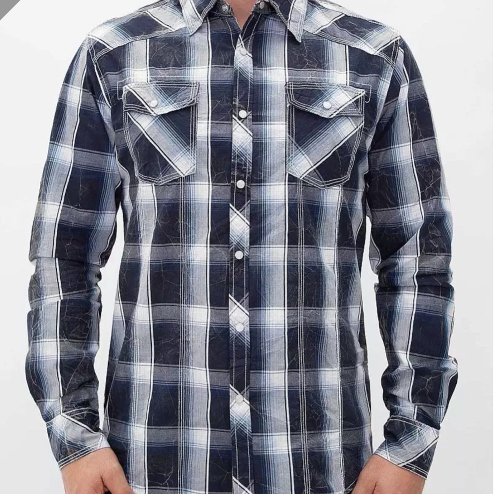 BKE Navy White Plaid Button Down - L - Picture 2 of 8